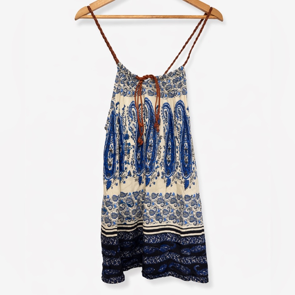 Boho Paisley Rayon Cami Tank Beaded Tie Neck Blue Ivory Festival Top M